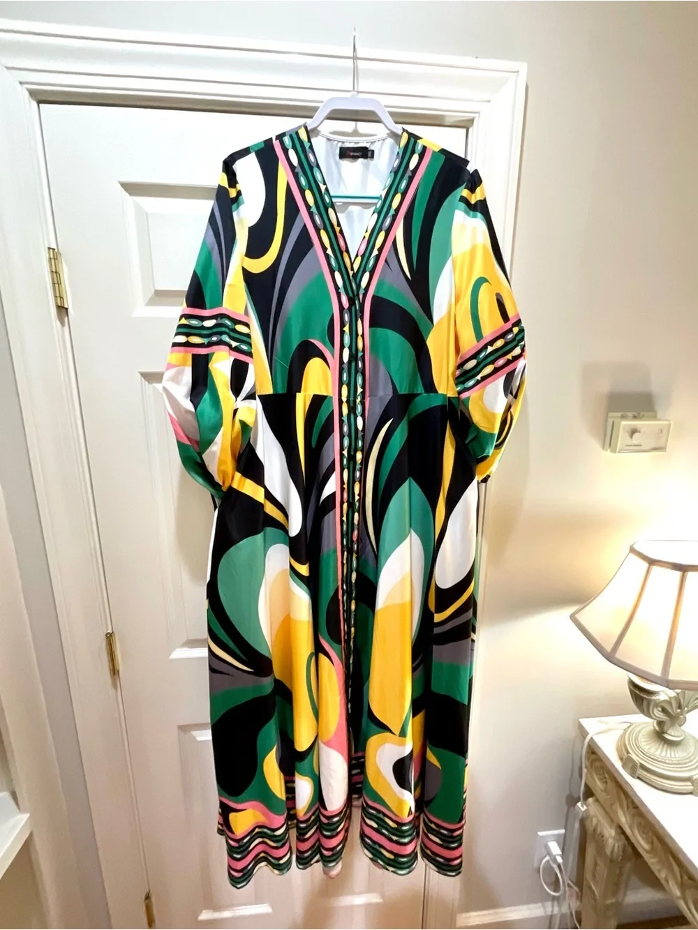V-Neck Abstract Print Maxi Dress in Green, Yellow, Black & White
